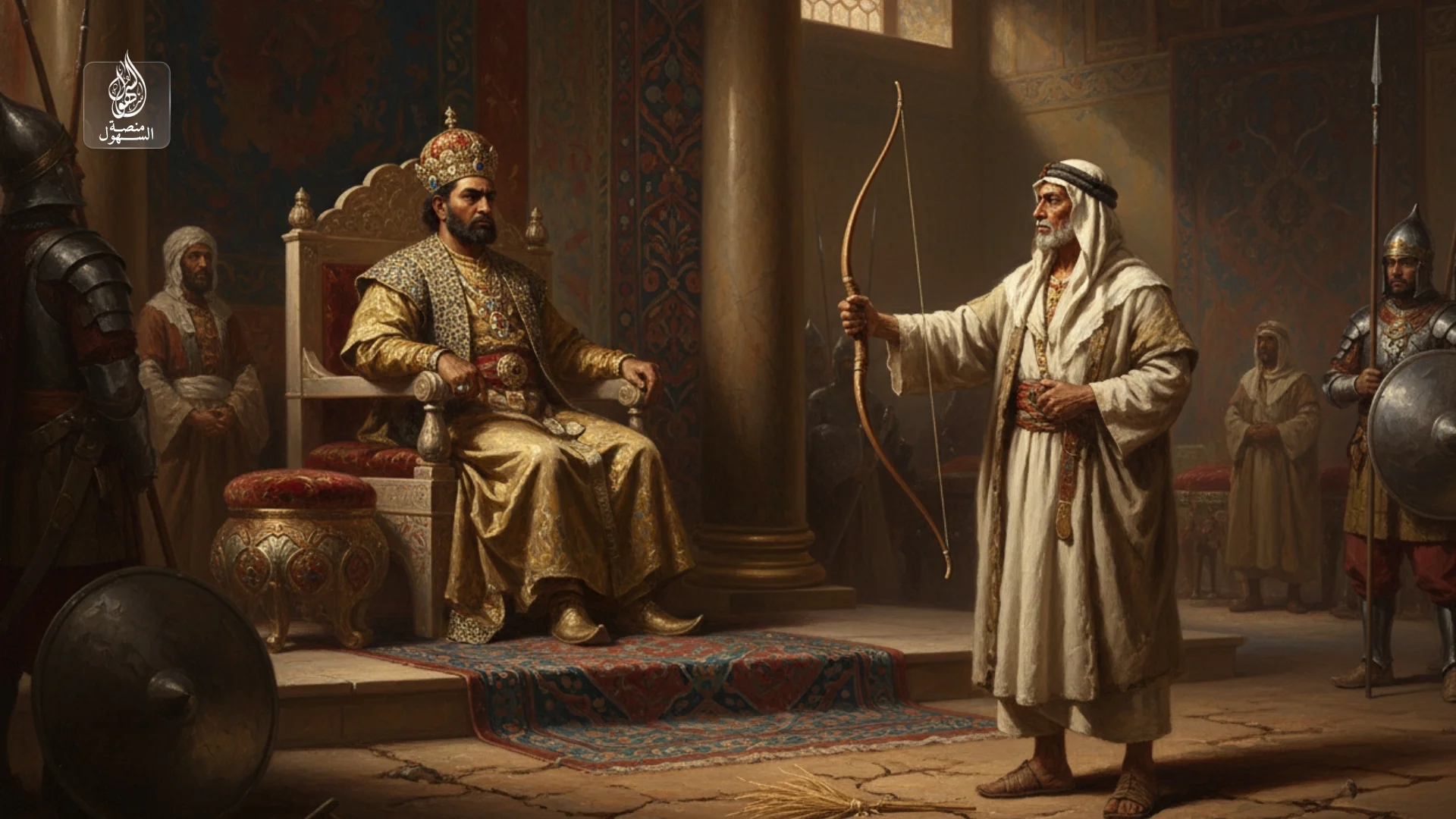 وصل حاجب إلى كسرى، ودخل عليه بثبات. كان يدرك أنه يقف أمام ملك لا يعرف العرب إلا من خلال أخبار الغزو والاضطراب، فبدأ يشكو له ما حلّ بهم من الجَهد، ويطلب أن يأذن لقومه بأن ينزلوا إلى حدّ الريف حتى يأكلوا ويحيَوا. كان كسرى حريصًا على ملكه، متوجسًا من العرب، فقال لحاجب: إنكم قوم إذا دخلتم بلدًا أفسدتموه، وأغرتكم السيوف، ولم تأمن لكم الرعية. لكن حاجبًا لم يتردد، فقدّم للملك وعدًا صريحًا، وقال إنه ضامنٌ على قومه ألّا يفسدوا ولا يعتدوا. فسأله كسرى: ومن يشهد لي أنك ستفي بما تقول؟ عندها مدّ حاجب يده إلى قوسه، وقال: أرهنتك قوسي بوفائي.