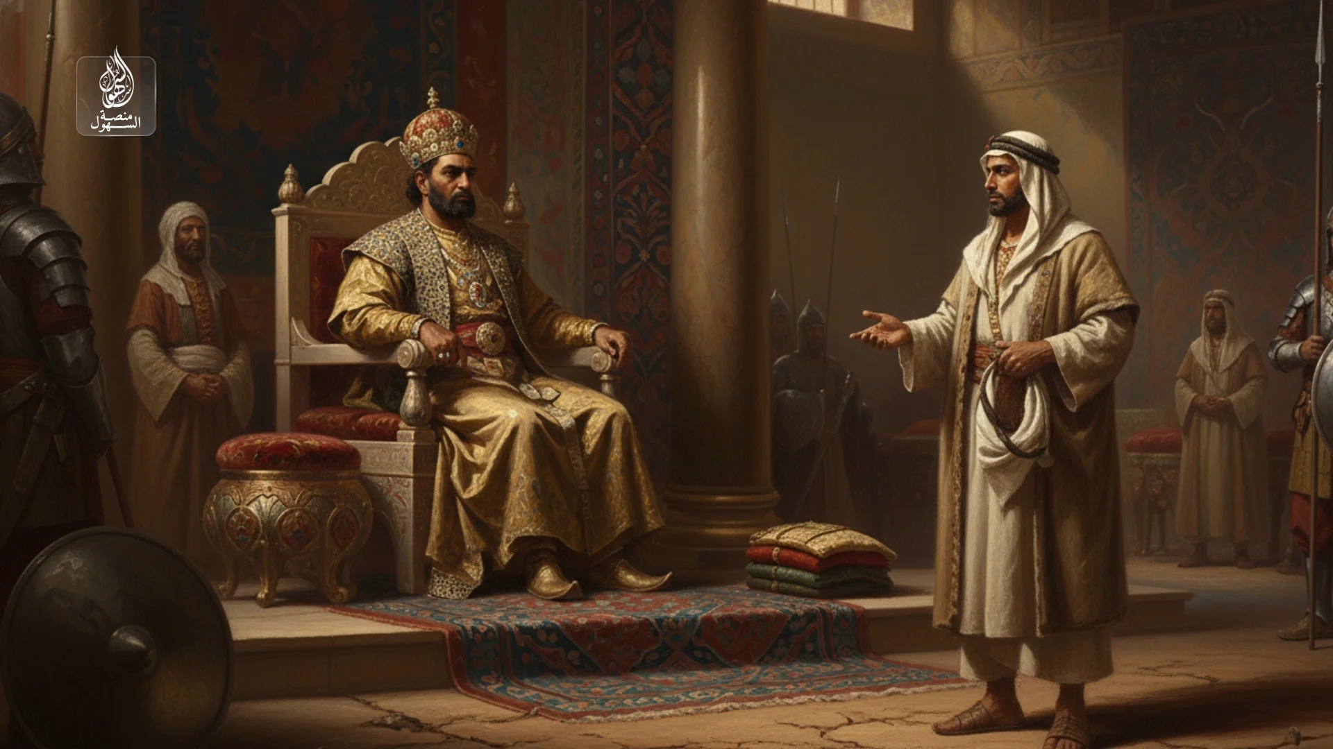 ومضت الأيام حتى قرر عُطارد بن حاجب أن يذهب إلى كسرى يطلب قوس أبيه التي تركها رهنًا عند الملك. ولما دخل على كسرى وطلب القوس، سأله الملك: أأنت الذي وضعها عندي؟ فقال عطارد: لا، أيها الملك، ما أنا بالذي وضعها، بل وضعها رجل هلك، وهو والدي، وقد وفى لك بما ضمن، ووفى لقومه بما قال، فاستحق أن تُرد إليه قوسه. تأمل كسرى كلامه، ثم قال: ردوا عليه قوسه. وزادها إكرامًا بأن كساه وأحسن وفادته، كأنه يرد الجميل لوالدٍ عظيم لم يعد بين الأحياء.